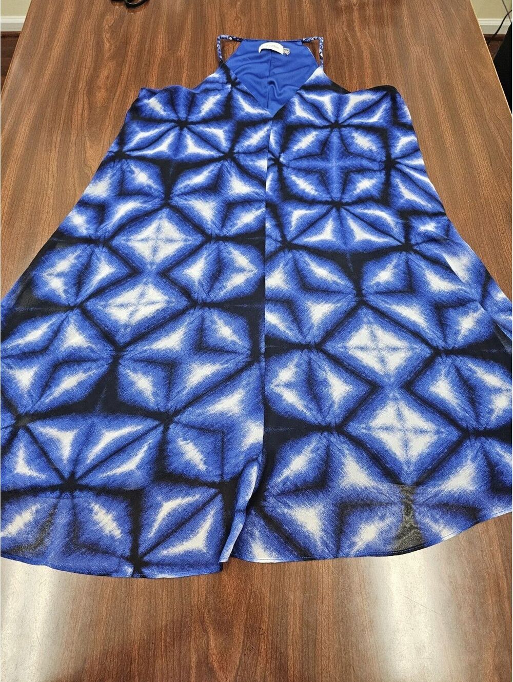 Calvin Klein Womens Cocktail Dress Blue Black Tie Dye Halter Fit & Flare Size 6